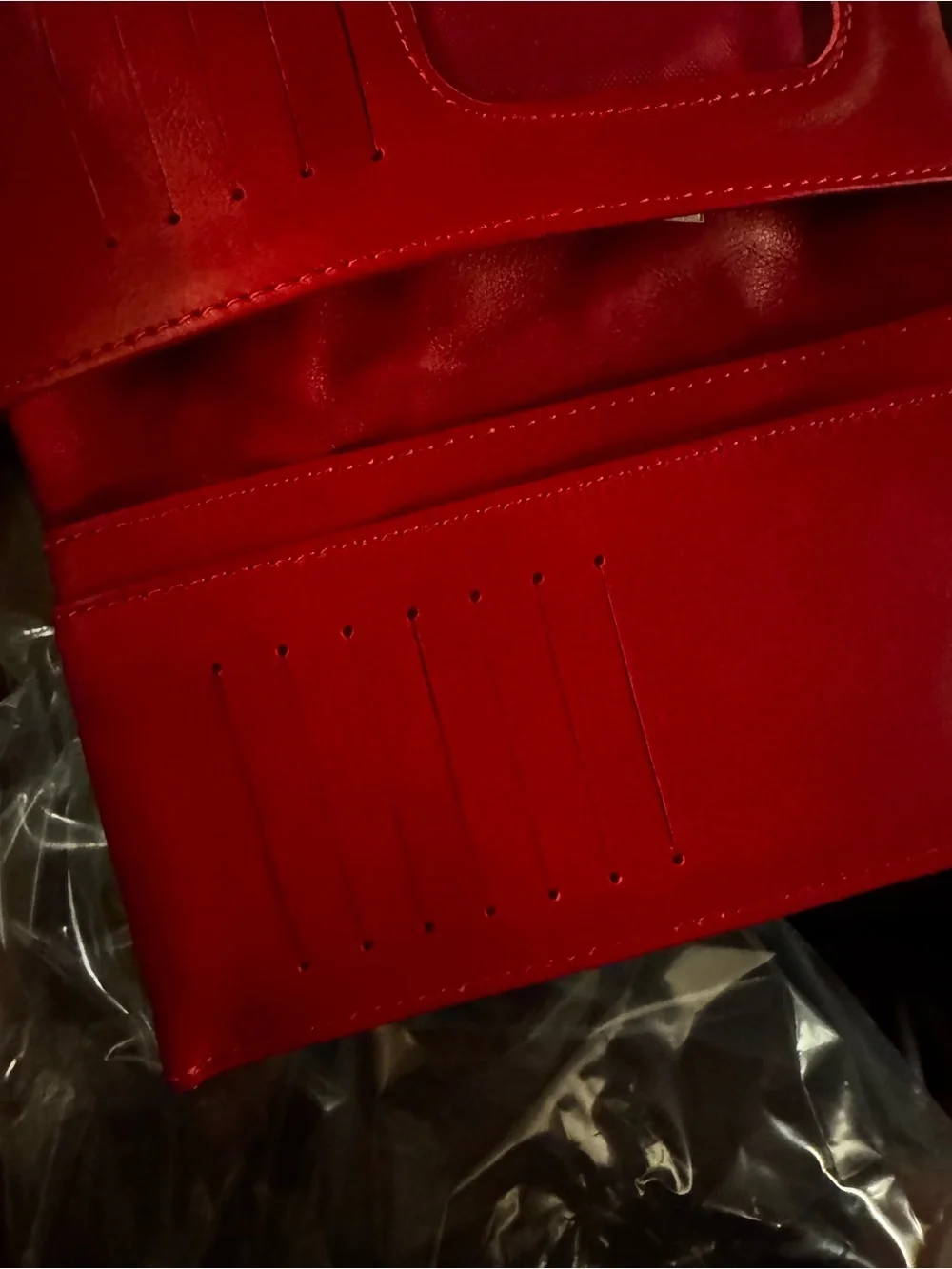 NWT Women's red leather wallet with card slots. Palestinian embroidery on front